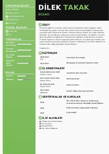 Eczacı CV Örnekleri cv indir